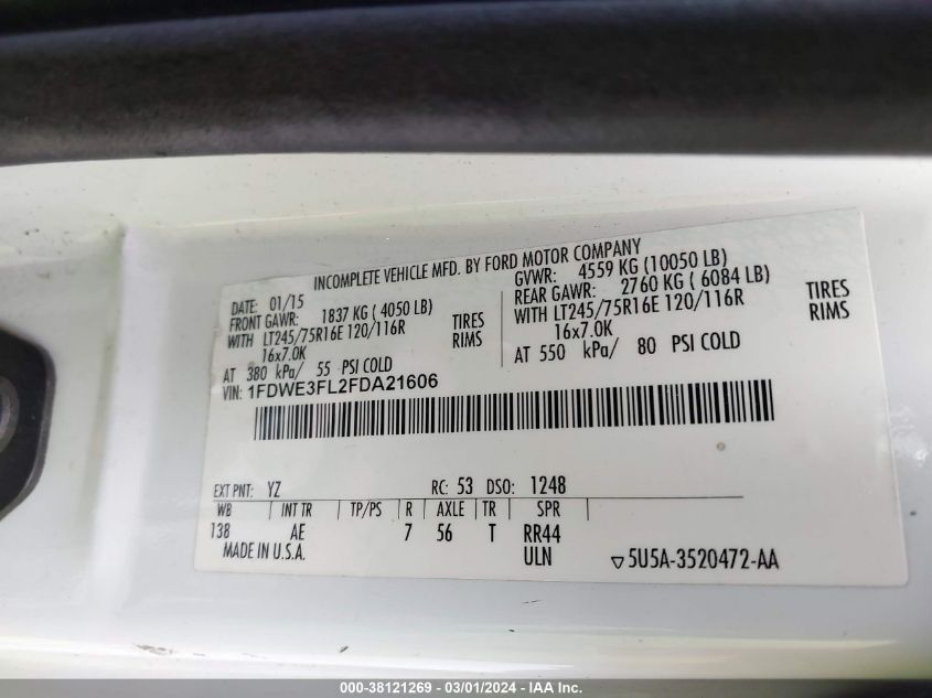 2015 Ford E-350 Cutaway VIN: 1FDWE3FL2FDA21606 Lot: 38121269