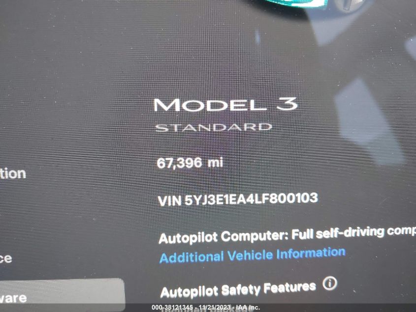 2020 Tesla Model 3 Standard Range Plus Rear-Wheel Drive/Standard Range Rear-Wheel Drive VIN: 5YJ3E1EA4LF800103 Lot: 38121345