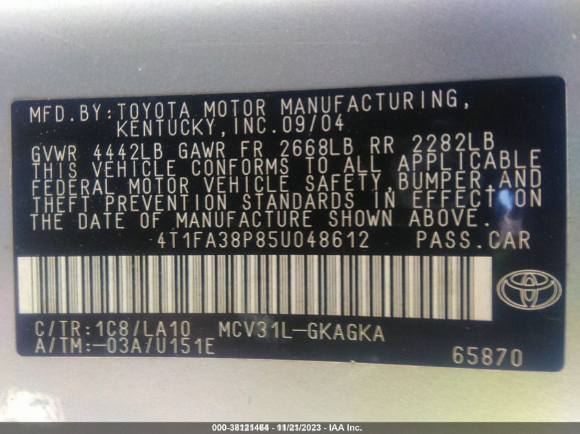 4T1FA38P85U048612 2005 Toyota Camry Solara Sle