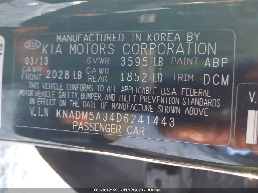 KNADM5A34D6241443 2013 Kia Rio Lx