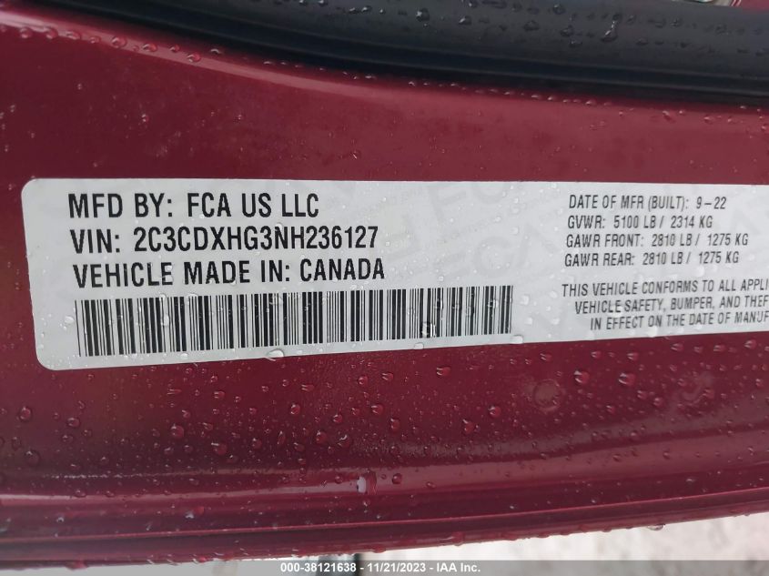 2022 Dodge Charger Gt Rwd VIN: 2C3CDXHG3NH236127 Lot: 38121638