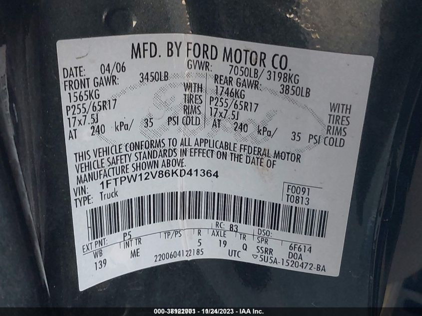 1FTPW12V86KD41364 2006 Ford F-150 Xlt/Lariat