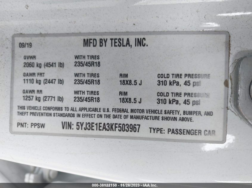 5YJ3E1EA3KF503967 2019 Tesla Model 3 Mid Range/Standard Range/Standard Range Plus/Long Range