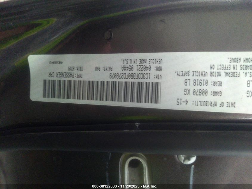 2015 Dodge Dart Sxt VIN: 1C3CDFBB0FD278079 Lot: 38122883