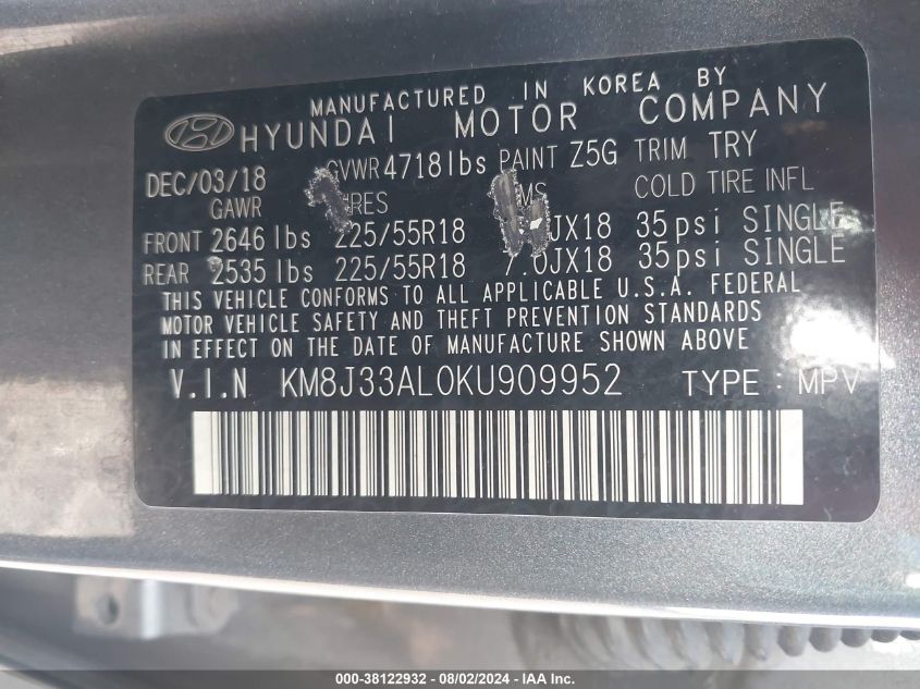 2019 Hyundai Tucson Limited VIN: KM8J33AL0KU909952 Lot: 38122932