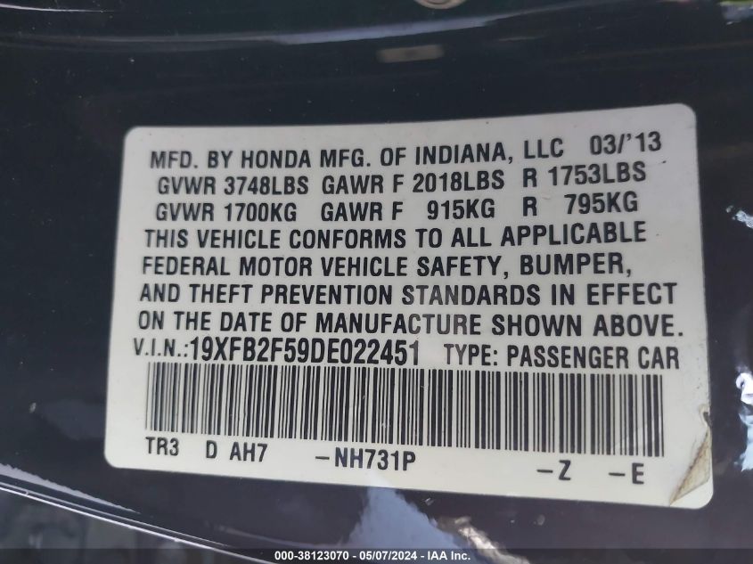 2013 Honda Civic Lx VIN: 19XFB2F59DE022451 Lot: 38123070