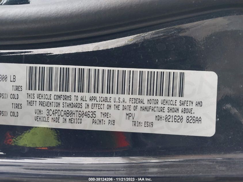 2017 Dodge Journey Se VIN: 3C4PDCAB0HT604635 Lot: 38124206