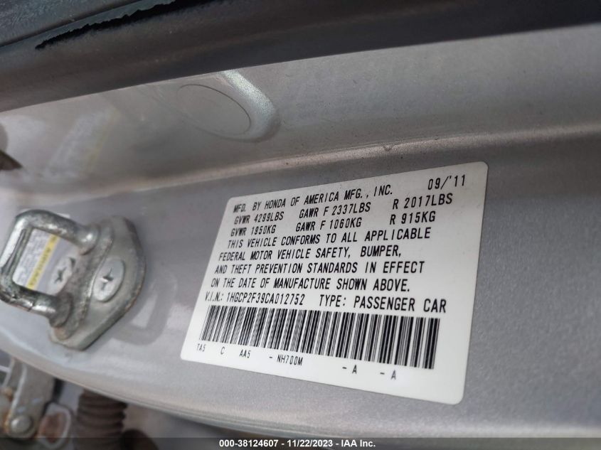 1HGCP2F39CA012752 2012 Honda Accord 2.4 Lx