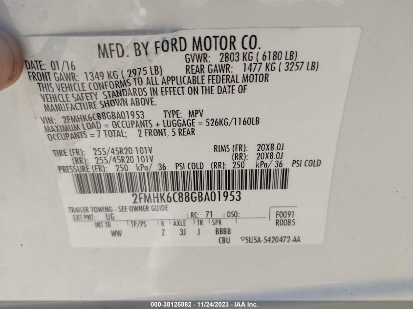 2016 Ford Flex Sel VIN: 2FMHK6C88GBA01953 Lot: 38125082