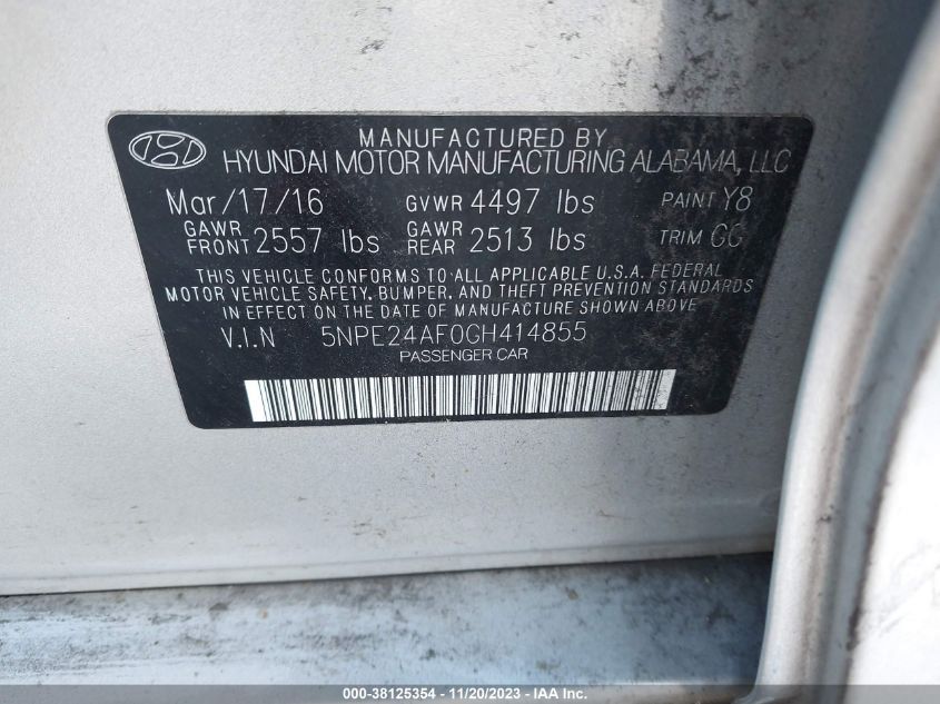 2016 Hyundai Sonata Se VIN: 5NPE24AF0GH414855 Lot: 38125354