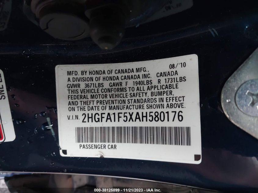 2010 Honda Civic Lx VIN: 2HGFA1F5XAH580176 Lot: 38125899