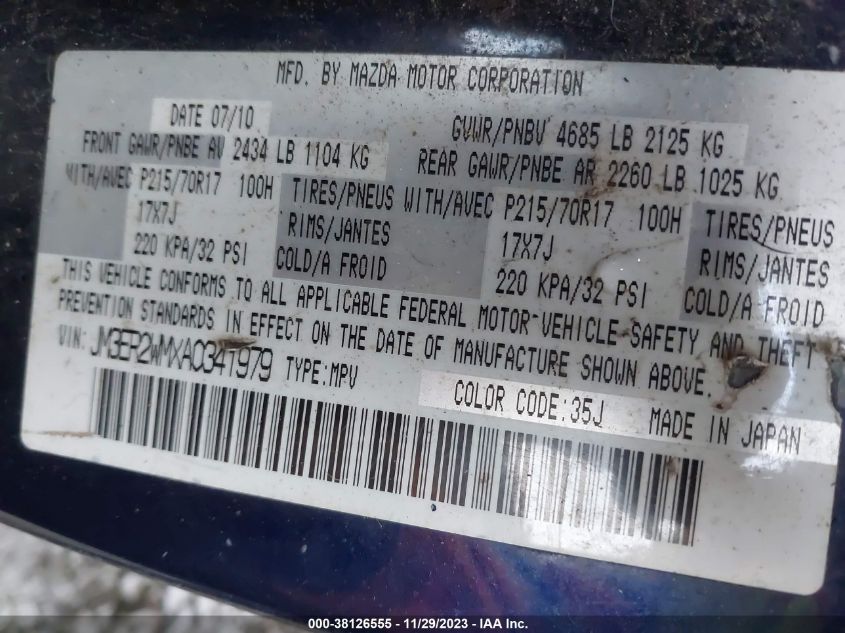 2010 Mazda Cx-7 I Sv VIN: JM3ER2WMXA0341979 Lot: 38126555