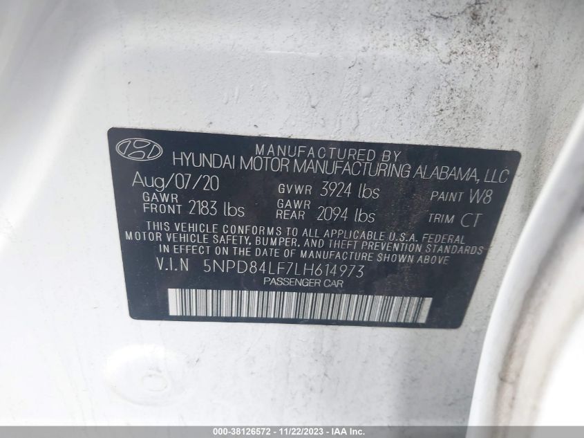 2020 Hyundai Elantra Sel VIN: 5NPD84LF7LH614973 Lot: 38126572