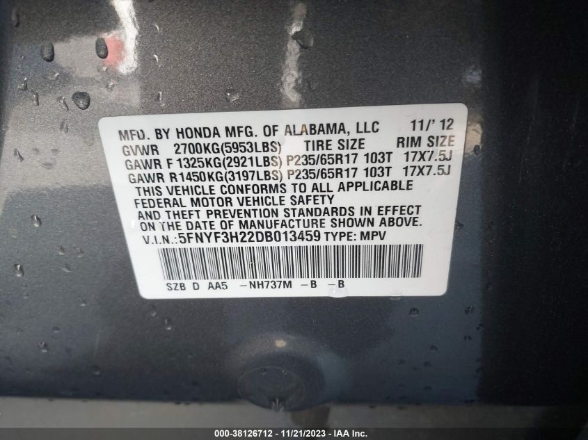 2013 Honda Pilot Lx VIN: 5FNYF3H22DB013459 Lot: 38126712