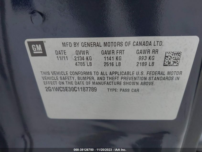 2012 Chevrolet Impala Ltz VIN: 2G1WC5E30C1187789 Lot: 38126750