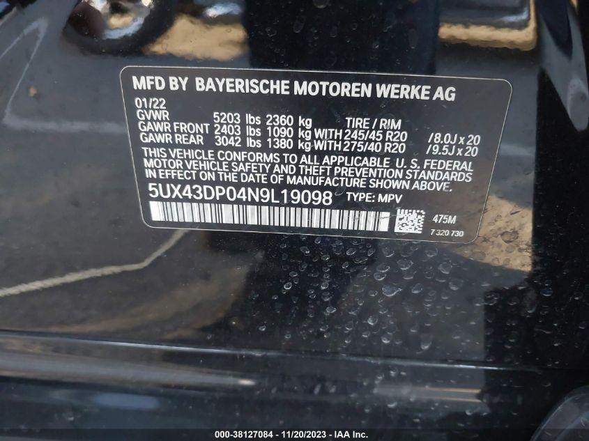 2022 BMW X3 Sdrive30I VIN: 1G1ZD5ST6PF177345 Lot: 38127084