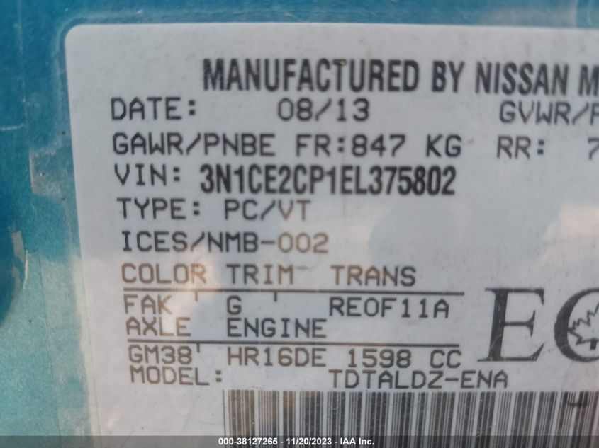 2014 Nissan Versa Note S Plus/Sv/S (Sr) VIN: 3N1CE2CP1EL375802 Lot: 38127265