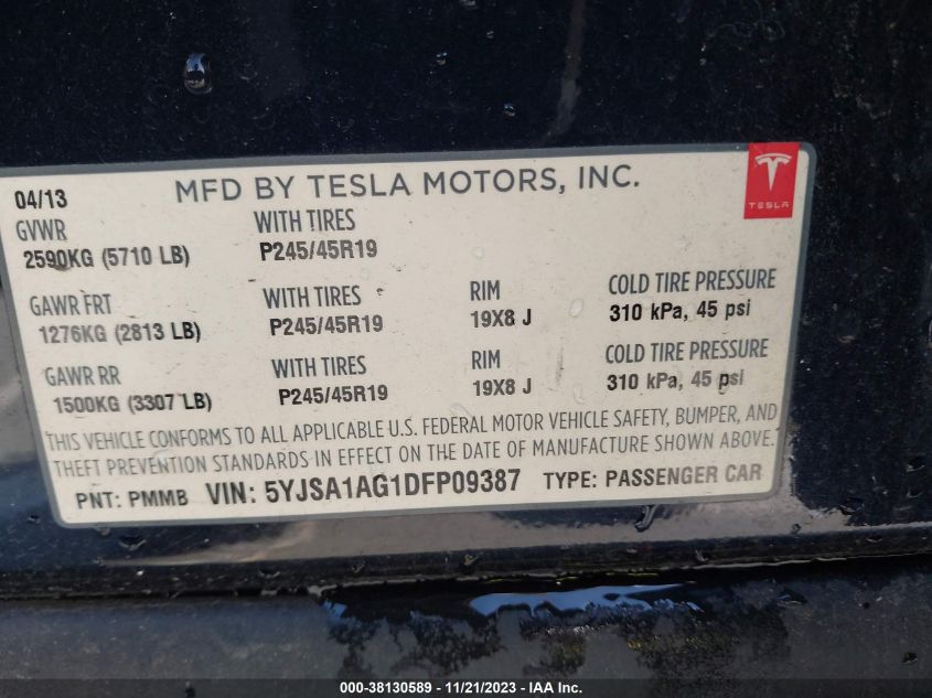 2013 Tesla Model S VIN: 5YJSA1AG1DFP09387 Lot: 38130589