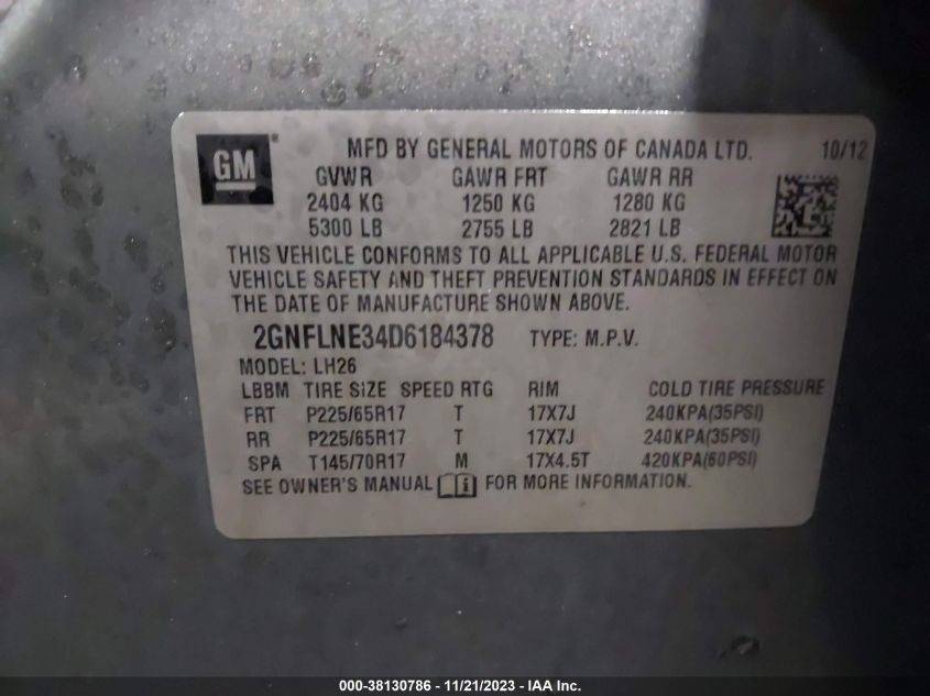 2013 Chevrolet Equinox 2Lt VIN: 2GNFLNE34D6184378 Lot: 38130786