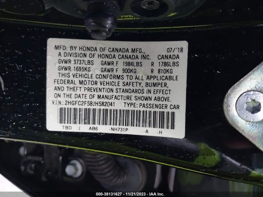 2018 Honda Civic Lx VIN: 2HGFC2F58JH582041 Lot: 38131627