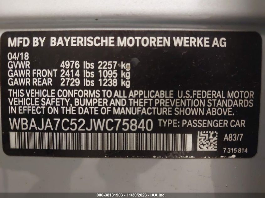 2018 BMW 530I xDrive VIN: WBAJA7C52JWC75840 Lot: 38131903
