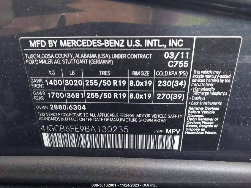 2011 Mercedes-Benz R 350 VIN: 4JGCB6FE9BA130235 Lot: 38132001