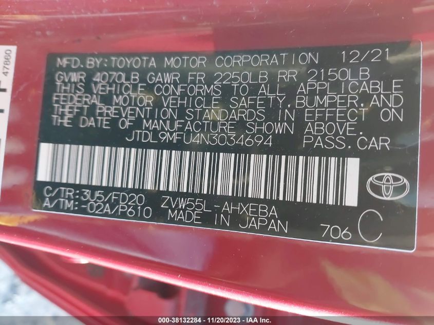 2022 Toyota Prius Le Awd-E VIN: JTDL9MFU4N3034694 Lot: 38132284