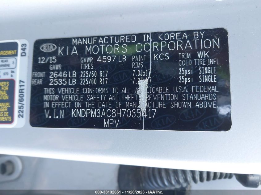 KNDPM3AC8H7035417 2017 Kia Sportage Lx