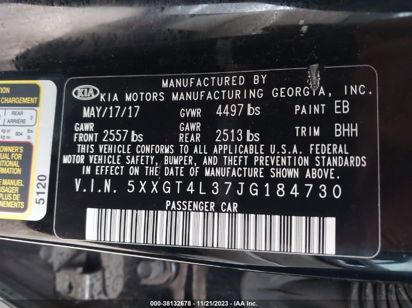 2018 Kia Optima Lx VIN: 5XXGT4L37JG184730 Lot: 38132678