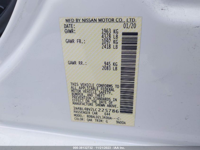 2020 Nissan Altima S Fwd VIN: 1N4BL4BV2LC225786 Lot: 38132732