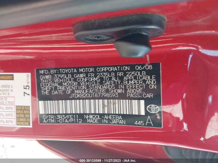 JTDKB20U187798593 2008 Toyota Prius Base (Cvt-E)