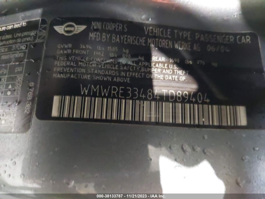 2004 Mini Cooper S VIN: WMWRE33484TD89404 Lot: 38133787