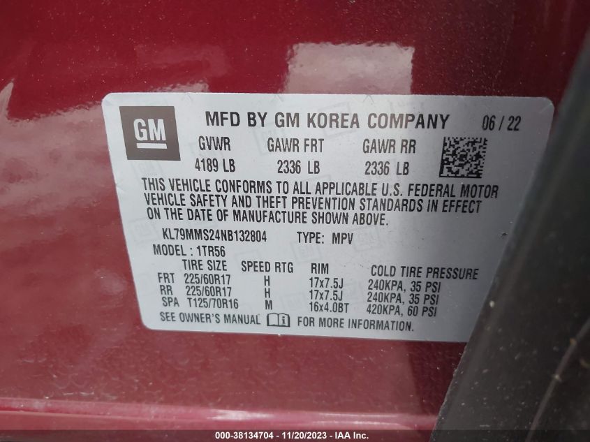 2022 Chevrolet Trailblazer Fwd Ls VIN: KL79MMS24NB132804 Lot: 38134704