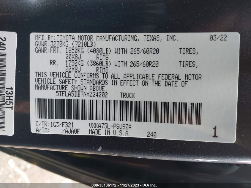 5TFLA5DB7NX024202 2022 Toyota Tundra Sr5