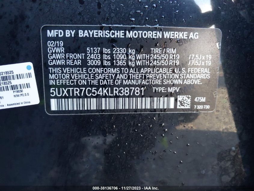 5UXTR7C54KLR38781 2019 BMW X3 Sdrive30I