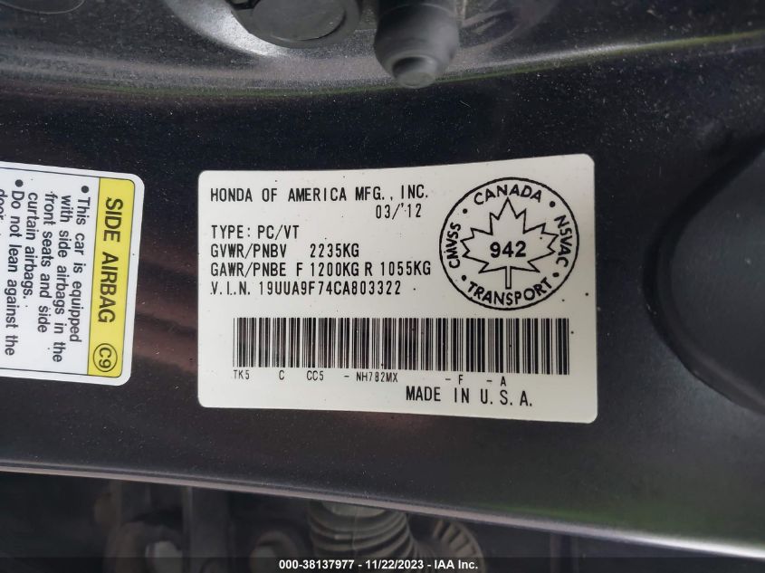 19UUA9F74CA803322 2012 Acura Tl 3.7