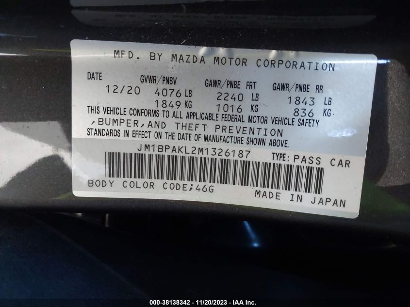 2021 Mazda Mazda3 Select VIN: JM1BPAKL2M1326187 Lot: 38138342