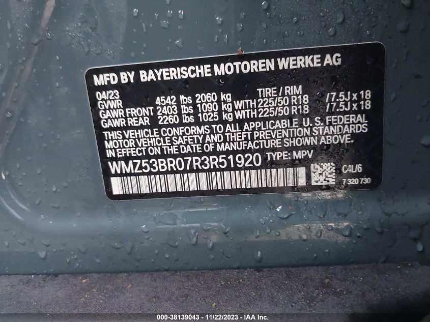 2024 Mini Countryman Cooper S VIN: WMZ53BR07R3R51920 Lot: 38139043