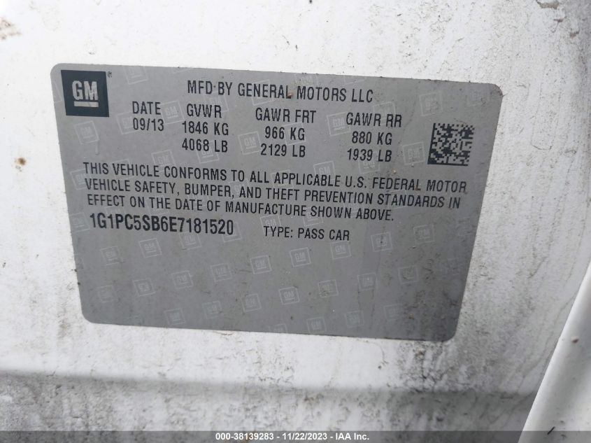 2014 Chevrolet Cruze 1Lt Auto VIN: 1G1PC5SB6E7181520 Lot: 38139283