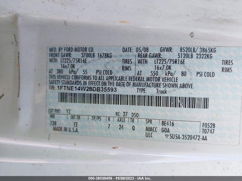 2008 Ford E-150 Commercial/Recreational VIN: 1FTNE14W28DB35593 Lot: 38139476