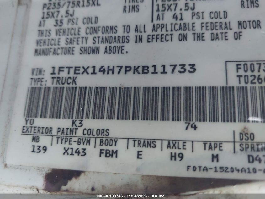 1993 Ford F150 VIN: 1FTEX14H7PKB11733 Lot: 38139746