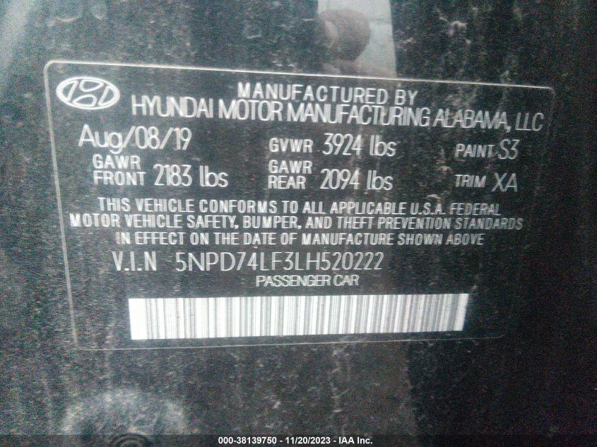 2020 Hyundai Elantra Se VIN: 5NPD74LF3LH520222 Lot: 38139750