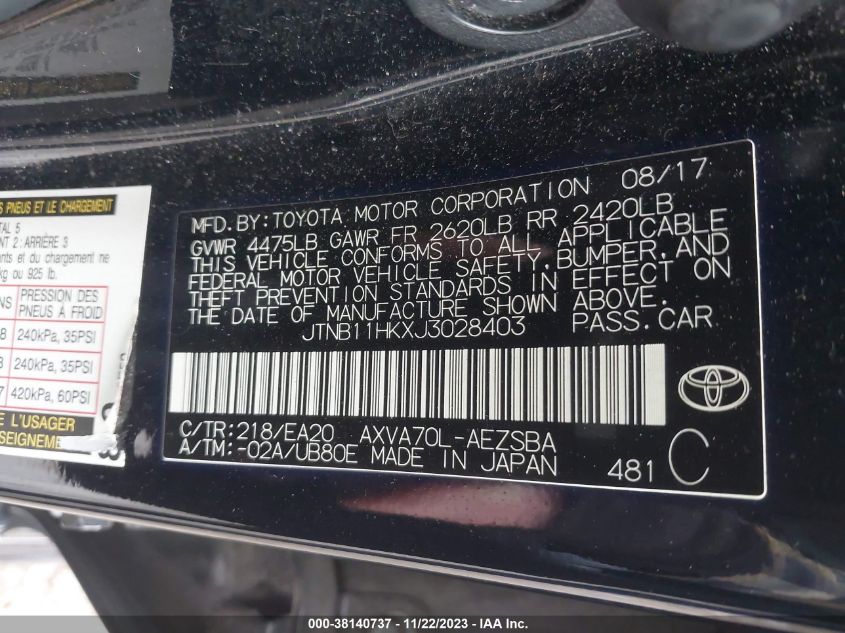 JTNB11HKXJ3028403 2018 Toyota Camry Se