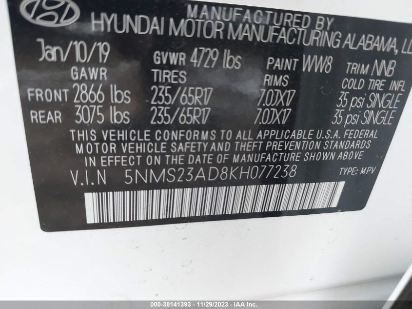 5NMS23AD8KH077238 2019 Hyundai Santa Fe Se