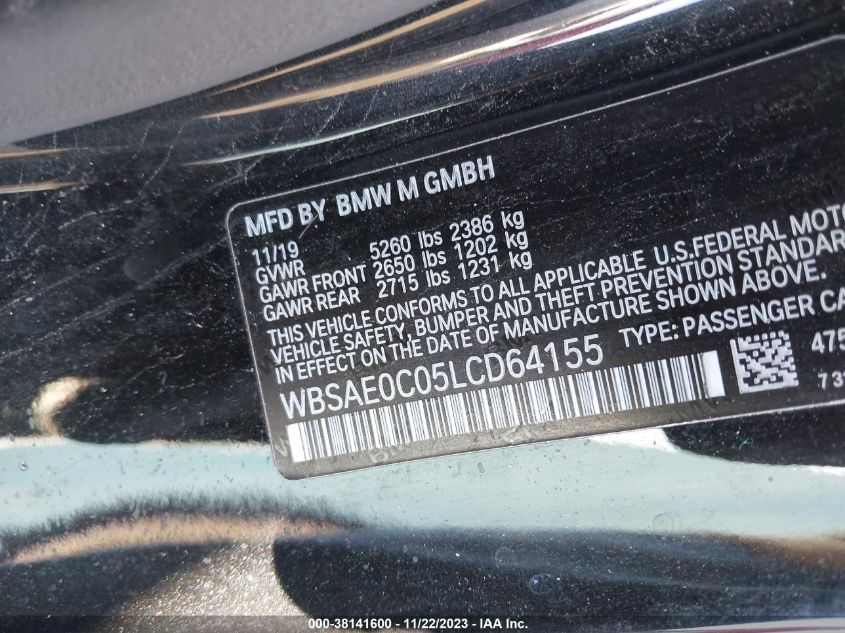 2020 BMW M8 Competition VIN: WBSAE0C05LCD64155 Lot: 38141600