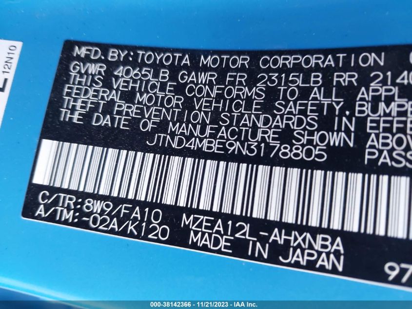 JTND4MBE9N3178805 2022 Toyota Corolla Se