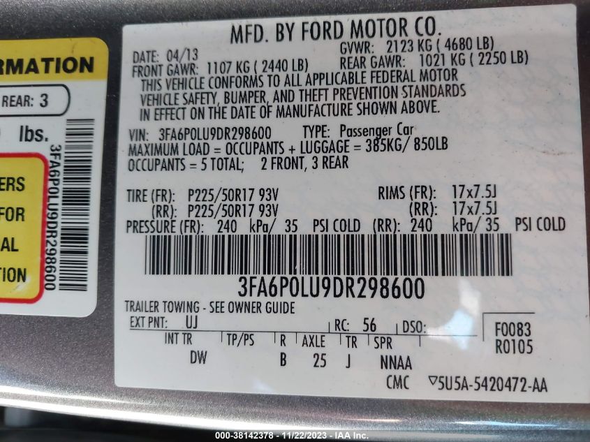 2013 Ford Fusion Hybrid Se VIN: 3FA6P0LU9DR298600 Lot: 38142378