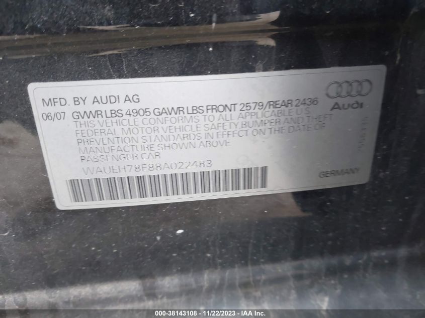 2008 Audi A4 3.2 VIN: WAUEH78E88A022483 Lot: 38143108