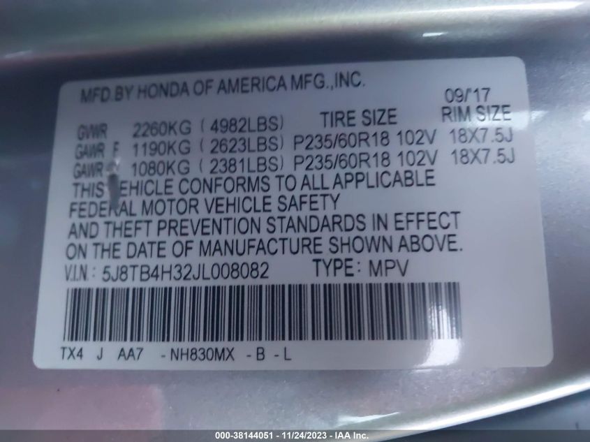 5J8TB4H32JL008082 2018 Acura Rdx Acurawatch Plus Package