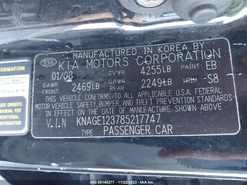 KNAGE123785217747 2008 Kia Optima Lx